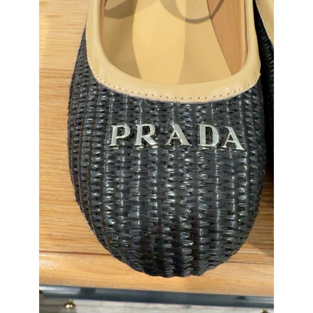 Prada Milano Woven Mary Jane Flats Black Tan Leather Size 38 Made in Italy New - Picture 12 of 16